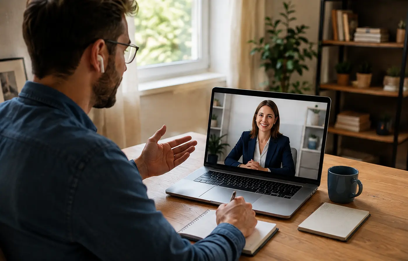 Un apprenant échange en visioconférence avec une conseillère Next Forma